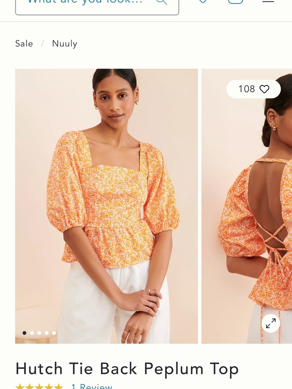Hutch Orange Leaf Square-Neck Peplum Blouse